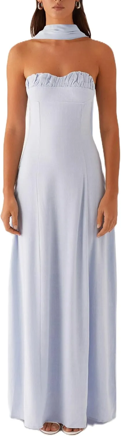 Women Y2k Strapless Floral Tube Maxi Dress with Neck Scarf Backless Mesh Bodycon Long Beach Cocktail Party Sundress