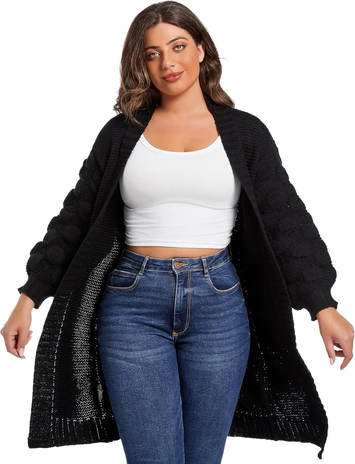 Women's 2024 Fall Winter Oversized Long Chunky Knit Open Front Cardigan Sweater Casual V-Neck Long Sleeve Sweater