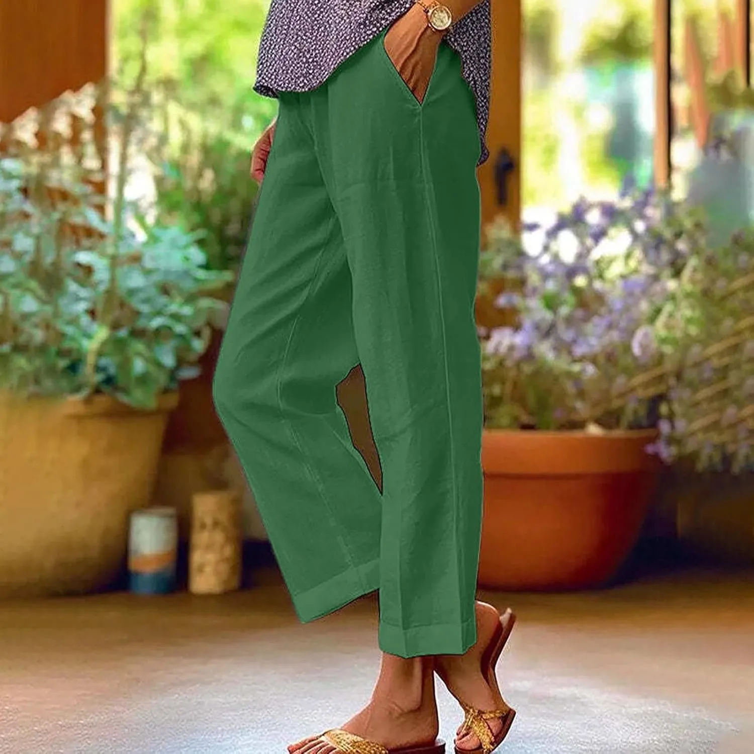 Women's Cotton Linen Pants Drawstring Straight Leg Pants Casual Loose Fit Wide Leg Trousers with Pockets