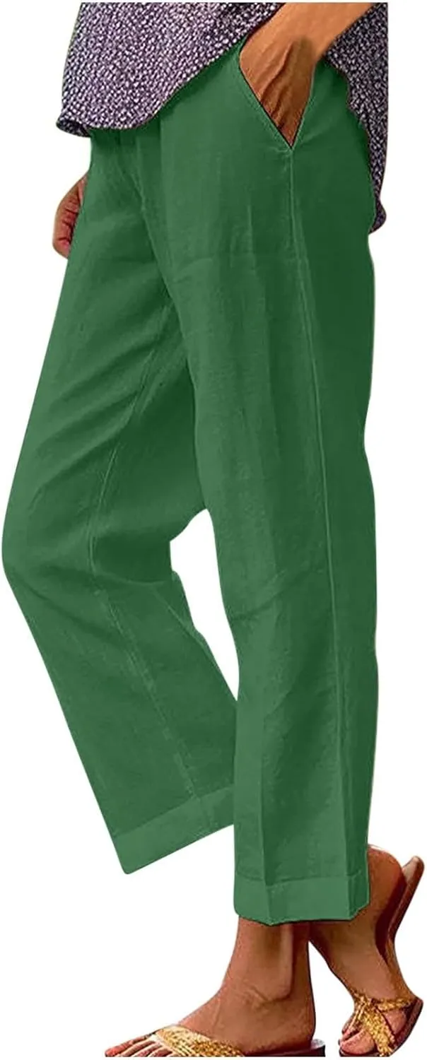 Women's Cotton Linen Pants Drawstring Straight Leg Pants Casual Loose Fit Wide Leg Trousers with Pockets