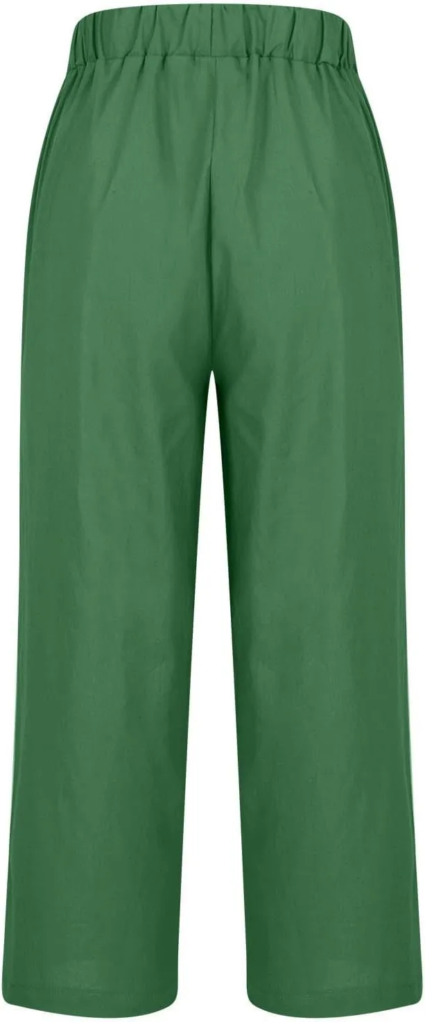 Women's Cotton Linen Pants Drawstring Straight Leg Pants Casual Loose Fit Wide Leg Trousers with Pockets