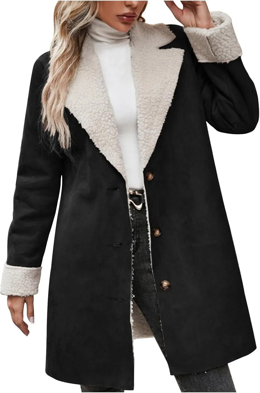 Womens Fleece Sherpa Lined Jackets Lapel Oversized Winter Coats Fuzzy Soft Overcoat Casual Pea Trench Coats Outerwear