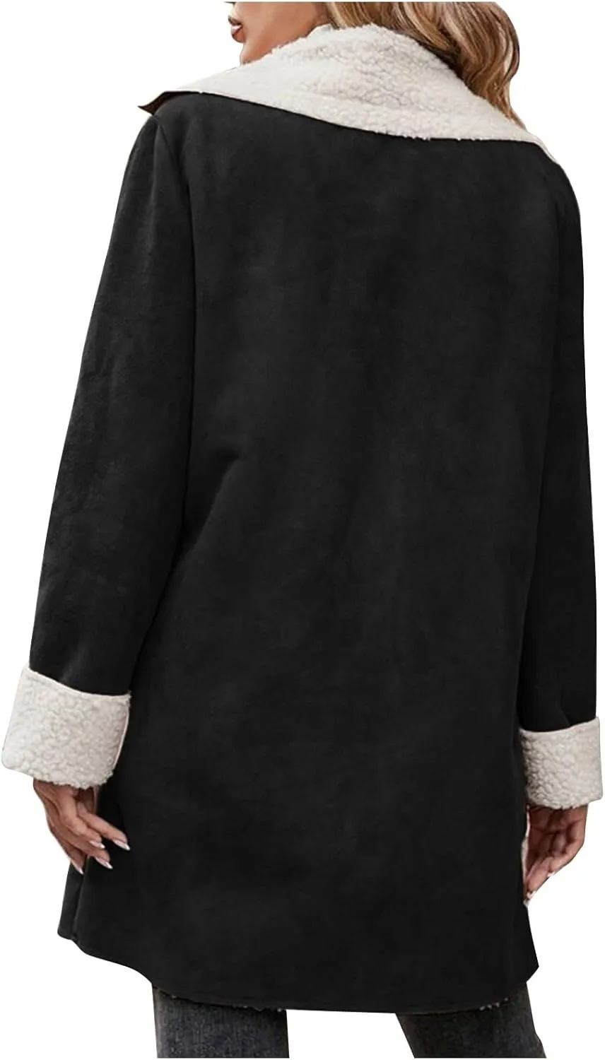 Womens Fleece Sherpa Lined Jackets Lapel Oversized Winter Coats Fuzzy Soft Overcoat Casual Pea Trench Coats Outerwear
