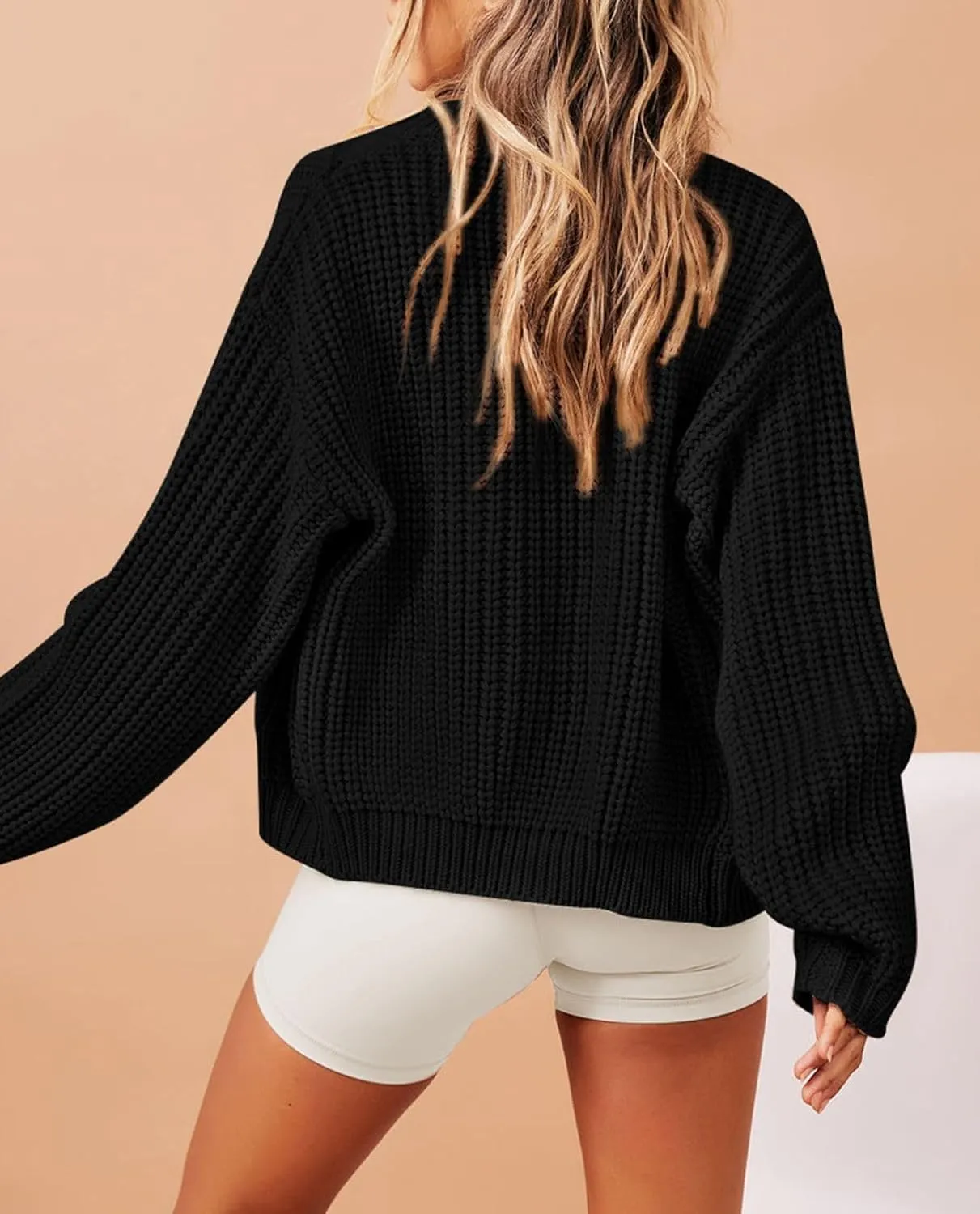 Women's Full Zipper Oversized Cardigan Sweater Long Sleeve Chunky Knit Crew Neck Cardigans Jacket Coat