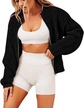 Women's Full Zipper Oversized Cardigan Sweater Long Sleeve Chunky Knit Crew Neck Cardigans Jacket Coat