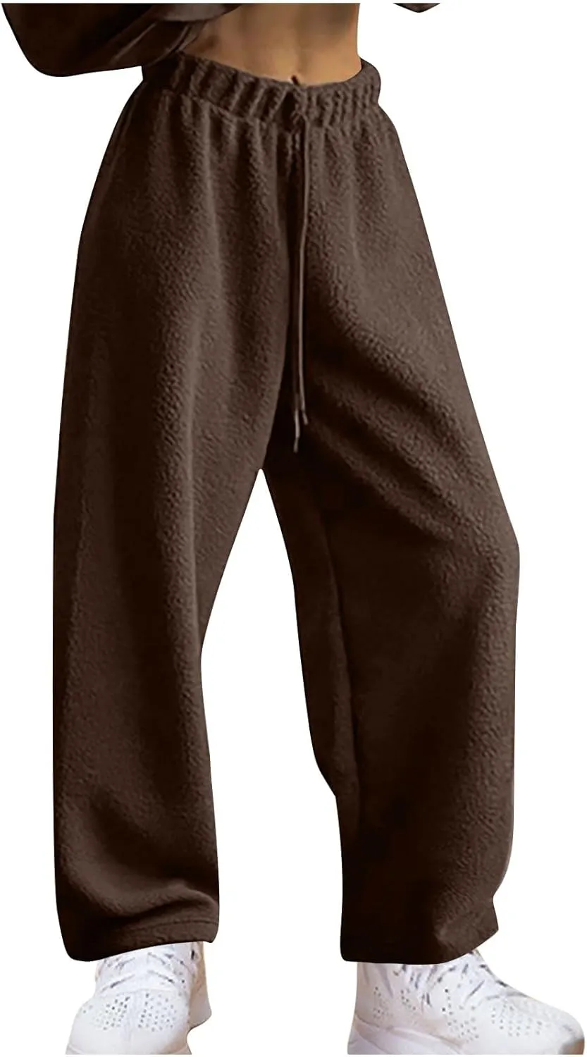 Womens Straight Wide Leg Long Pant Drawstring Soft Warm Comfy Trousers Classic Simple Solid Pants with Pockets