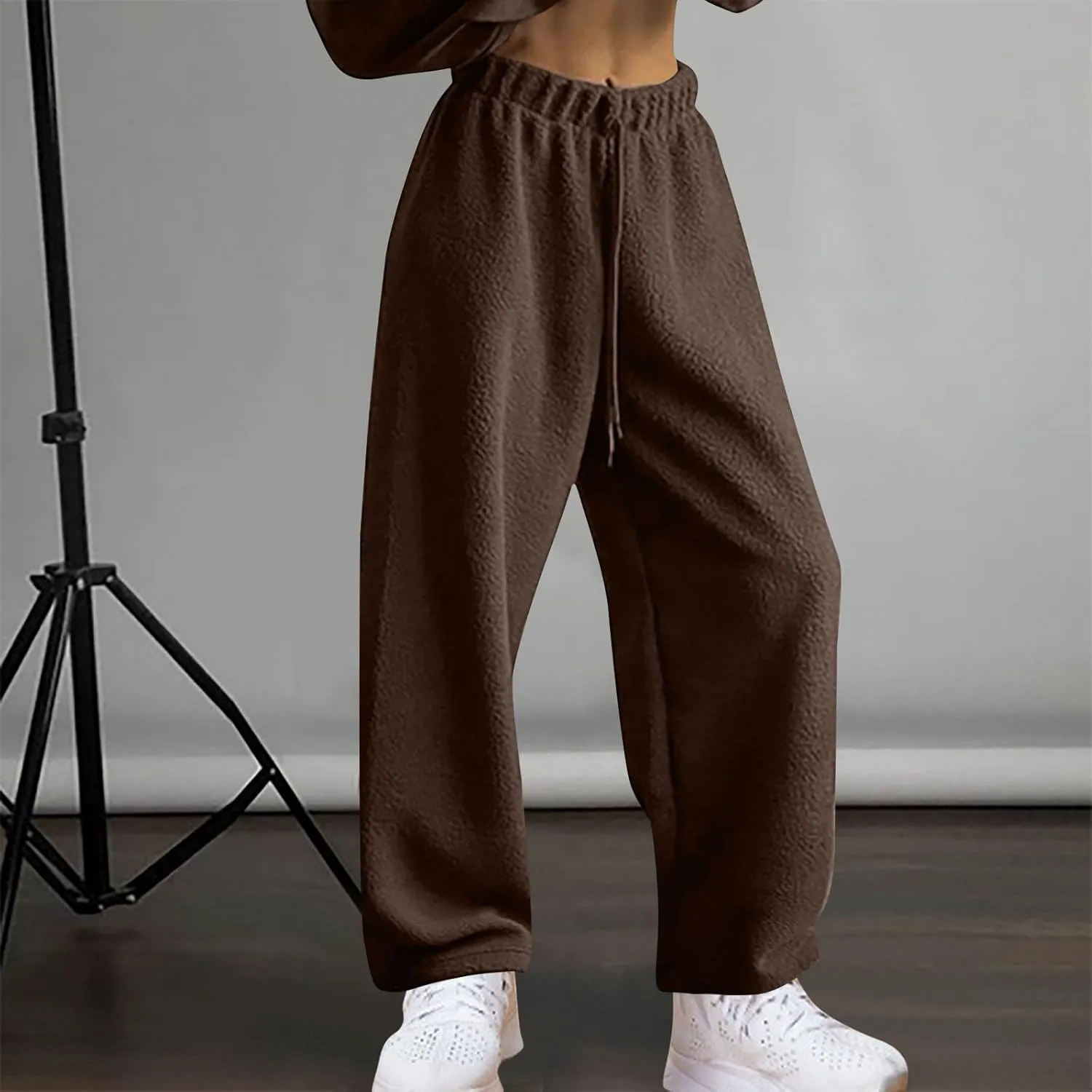 Womens Straight Wide Leg Long Pant Drawstring Soft Warm Comfy Trousers Classic Simple Solid Pants with Pockets