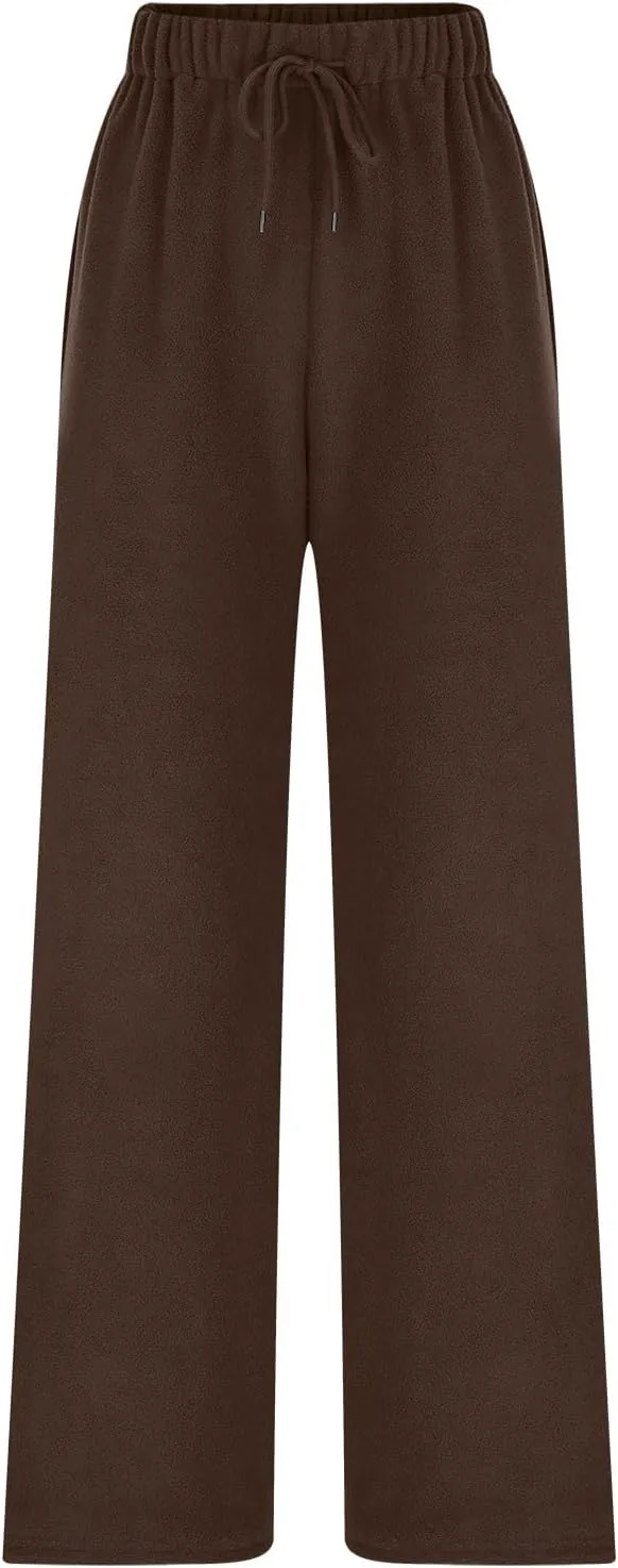 Womens Straight Wide Leg Long Pant Drawstring Soft Warm Comfy Trousers Classic Simple Solid Pants with Pockets