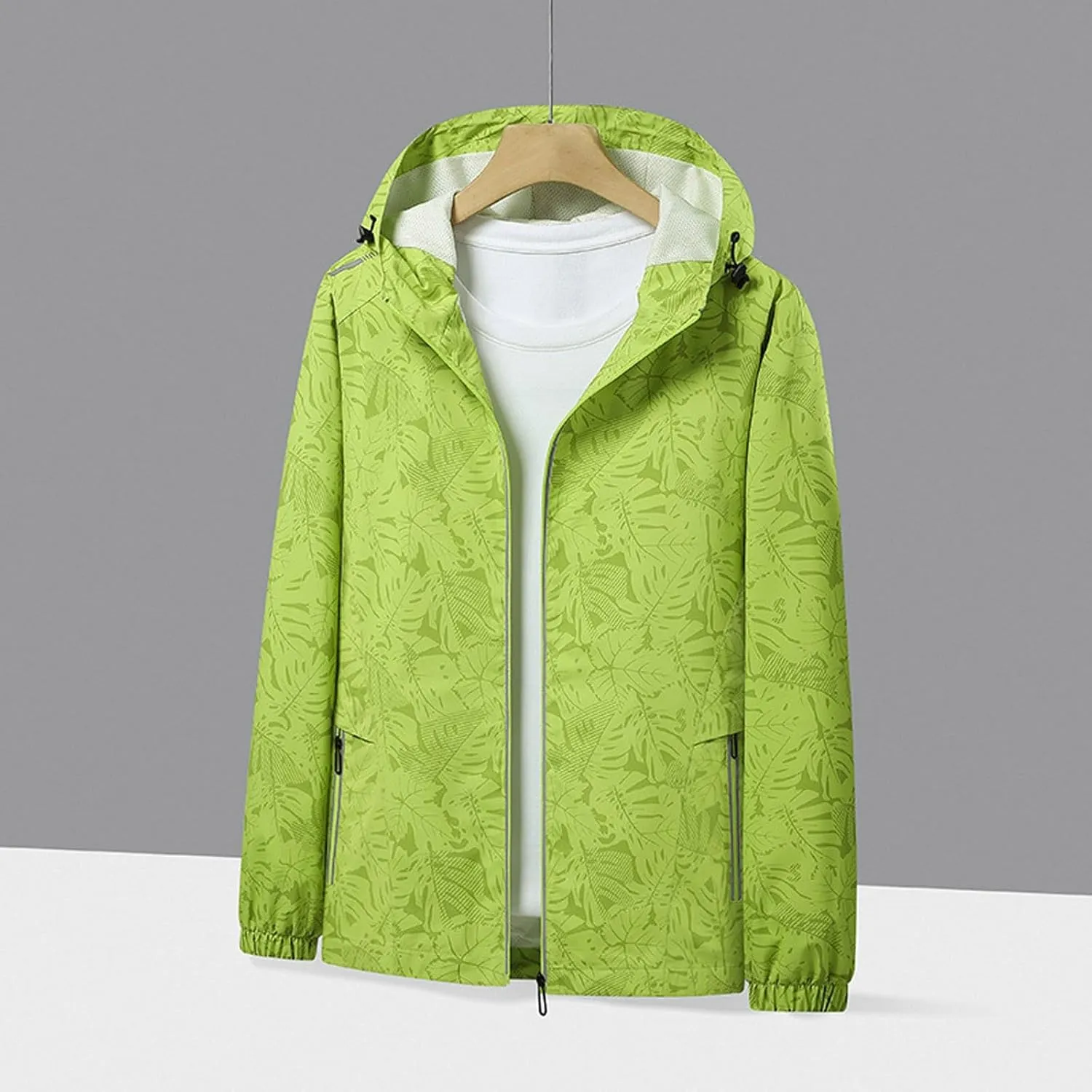 Womens Stylish Raincoat Leaves Print Hooded Rain Jacket Fall Lightweight Zipper Up Waterproof Windbreaker for Hiking